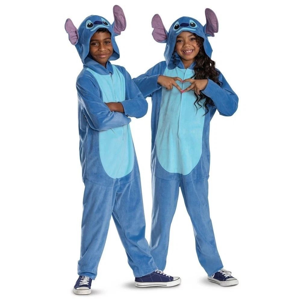 Disney Stitch Blue Fleece Hooded Footie Union Suit Costume Kids LARGE 10-12